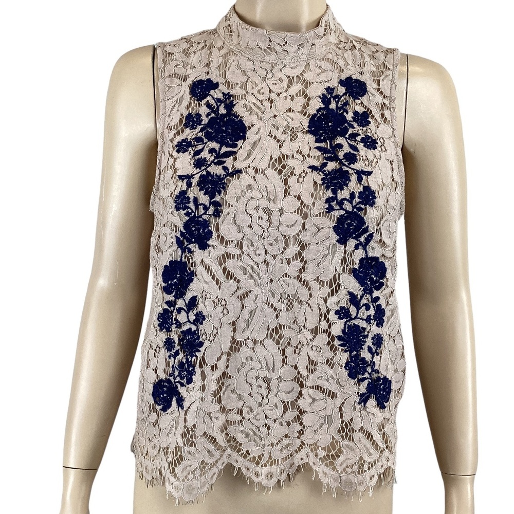 Haute Monde Tan Lace Sleeveless Top Blouse‎ Navy Embroidery Size Medium